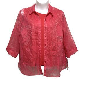 Alfred Dunner Blouse Tank Combo Womens Size 20 Rose Pink 3/4 Sleeve Button-Up